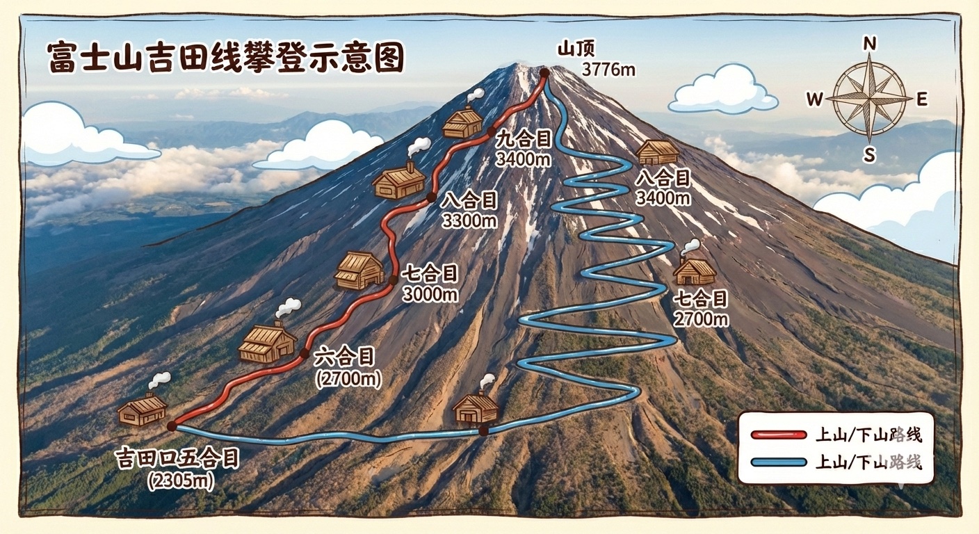 富士山吉田线攀登示意图